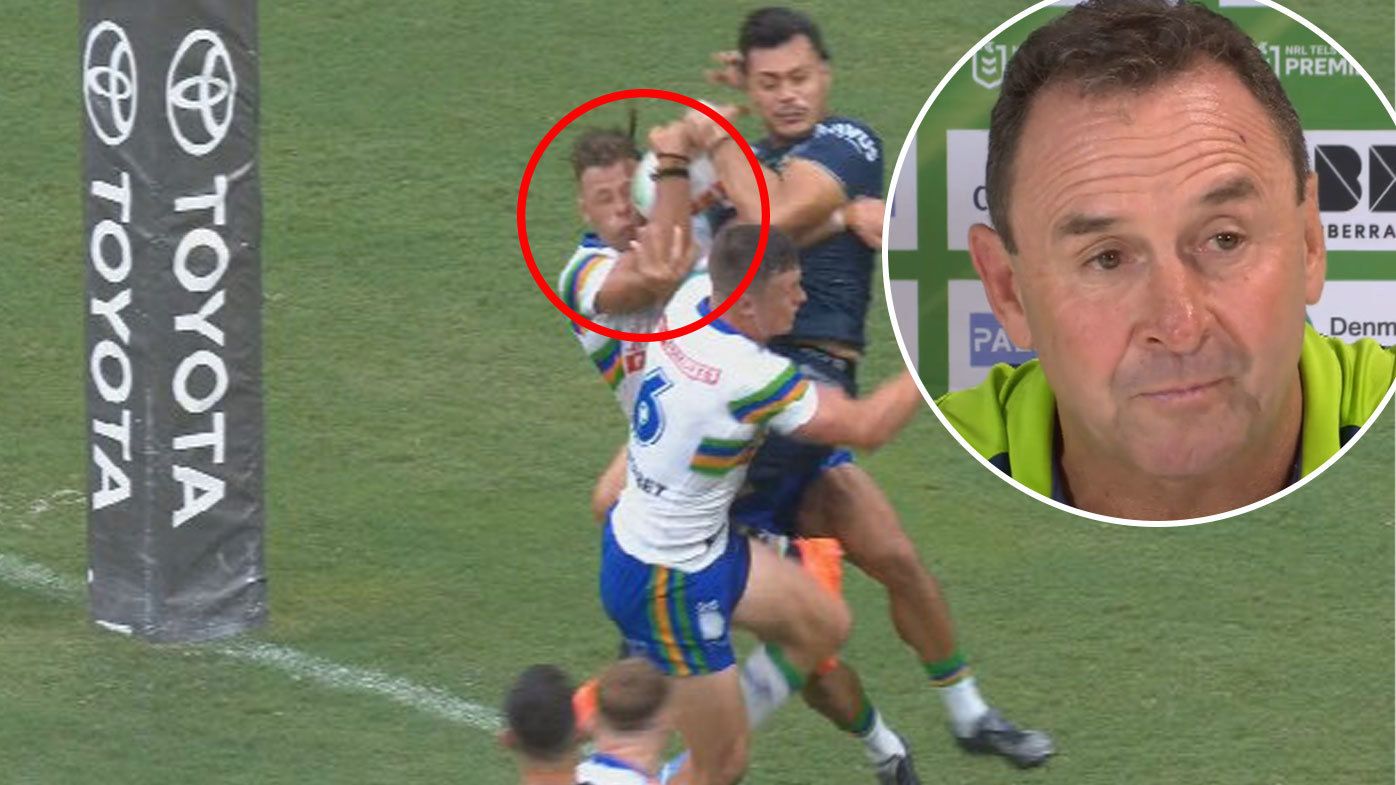 Sebastian Kris was forced off after this incident. INSET: Raiders coach Ricky Stuart