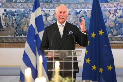 Prince Charles, Prince of Wales delivers a speech while attending a dinner and reception hosted by Her Excellency the President of the Hellenic Republic, Katerina Sakellaropoulou at the Presidential Mansion on March 24, 2021 in Athens, Greece.