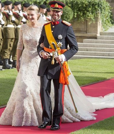 Prince Guillaume Of Luxembourg and Princess Stephanie of Luxembourg leave the Cathedral of our Lady of Luxembourg after their wedding on October 20, 2012 in Luxembourg, Luxembourg