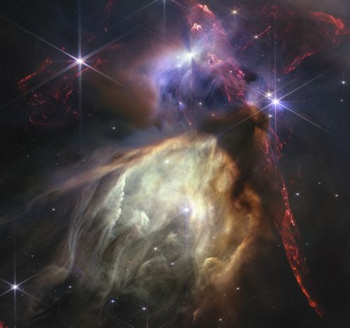 The first anniversary image released Wednesday, July 12, 2023, by Space Telescope Science Institute Office of Public Outreach, shows NASAs James Webb Space Telescope displaying a star birth like its never been seen before, full of detailed, impressionistic texture. The subject is the Rho Ophiuchi cloud complex, the closest star-forming region to Earth 