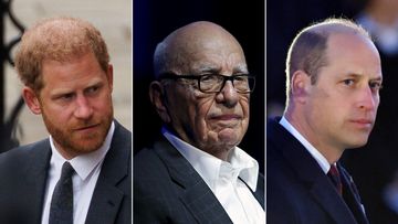 (L-R) Prince Harry, Rupert Murdoch, and Prince William