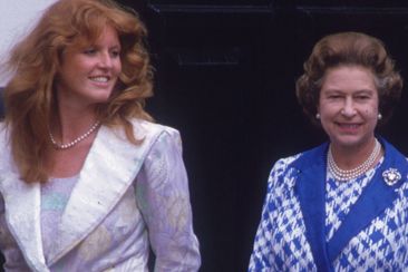 Sarah Ferguson, Duchess of York and Queen Elizabeth at Clarence House to celebrate the Queen Mother&#x27;s 86th birthday in August 1986.