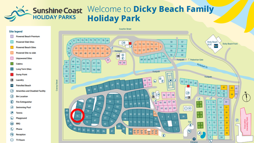 A map of Dicky Beach Holiday Park showing Howard and Shirley Hill's site.