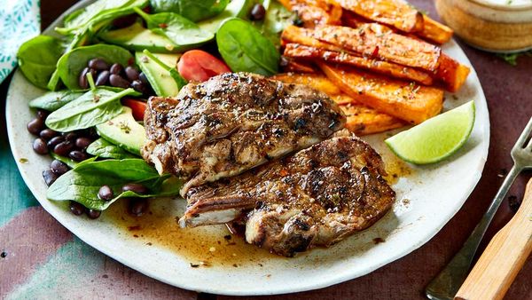 Cuban spice rubbed lamb forequarter chops with sweet potato wedges recipe
