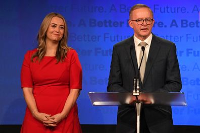 Labor Leader Anthony Albanese delivers his victory speech alongside his partner Jodie Haydon during the Labor Party election night event at Canterbury-Hurlstone Park RSL Club on May 21, 2022 in Sydney, Australia.