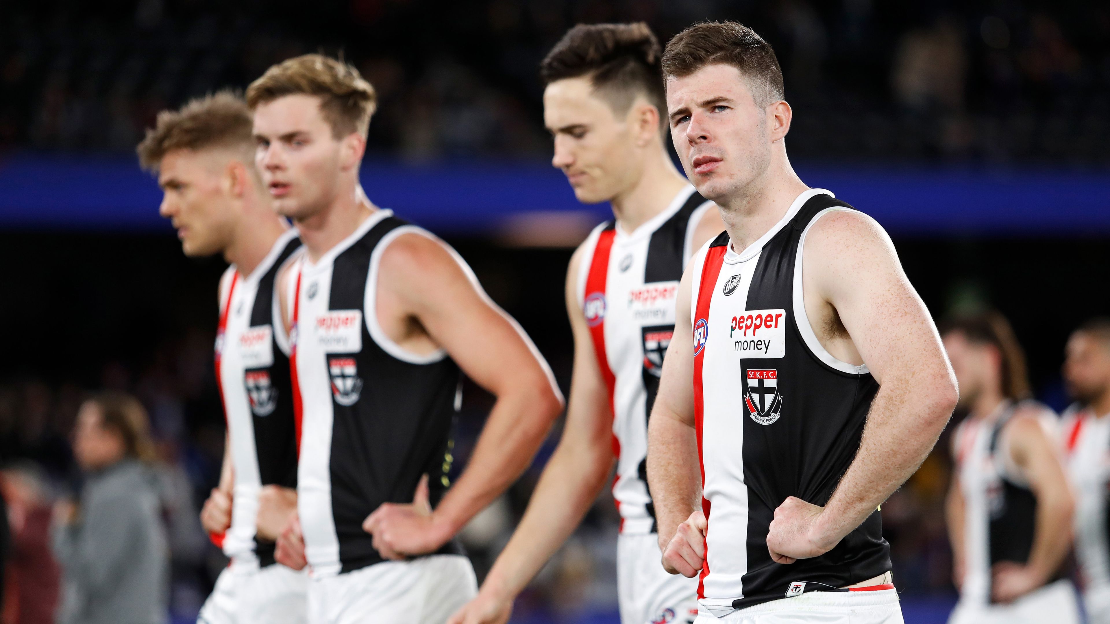 Jack Higgins of the Saints looks dejected after a loss during the 2022 AFL Round 18 match between the Western Bulldogs and the St Kilda Saints at Marvel Stadium on July 15, 2022 in Melbourne, Australia. (Photo by Dylan Burns/AFL Photos via Getty Images)