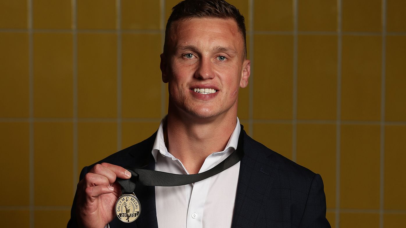 Jack Wighton of the Canberra Raiders poses after winning the Dally M Medal following the Dally M Awards at Fox Sports Studios on October 19, 2020.