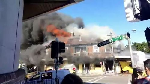 A delicate salvage operation is underway today to save and clean up the historic General Gordon Hotel in Sydney's inner west after it was consumed by fire yesterday. Picture: 9NEWS.