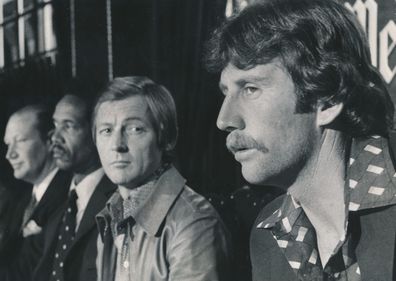 A first press conference for World Series Cricket with Ian Chappell [far right], John Cornell, Sir Garfield Sobers and Kerry Packer.
