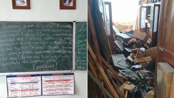 A note from Russian soldiers was purportedly left in a ransacked school in Katyuzhanka.