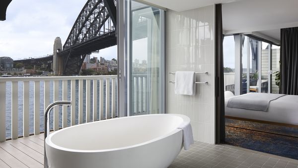 The large egg shaped bath boats enviable views of the Sydney Harbour bridge.