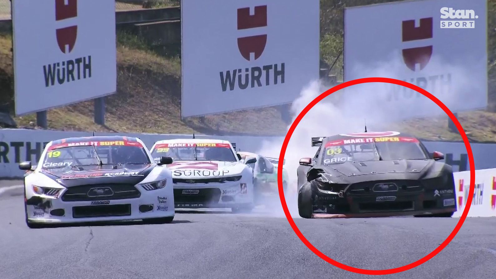 Ben Grice&#x27;s car (circled) limps away after making contact with Joshua Anderson at Mount Panorama.