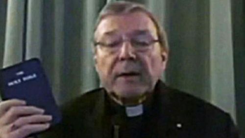 Cardinal George Pell giving evidence via video link to the royal commission in March.