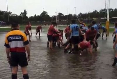 <b>Rugby is a winter sport, but it’s not often that players would be better off bringing flippers and a snorkel to a game. </b><br/><br/>That’s what members of two teams in NSW would have been better off doing after footage emerged of their game played on a flooded field. <br/><br/>The clip shows a passage of the comical match being played out, with players splashing around in ankle-deep water as one team tries to score in the corner. <br/><br/>The video reminded us of other games played in equally treacherous conditions. Click through to check them out. <br/>