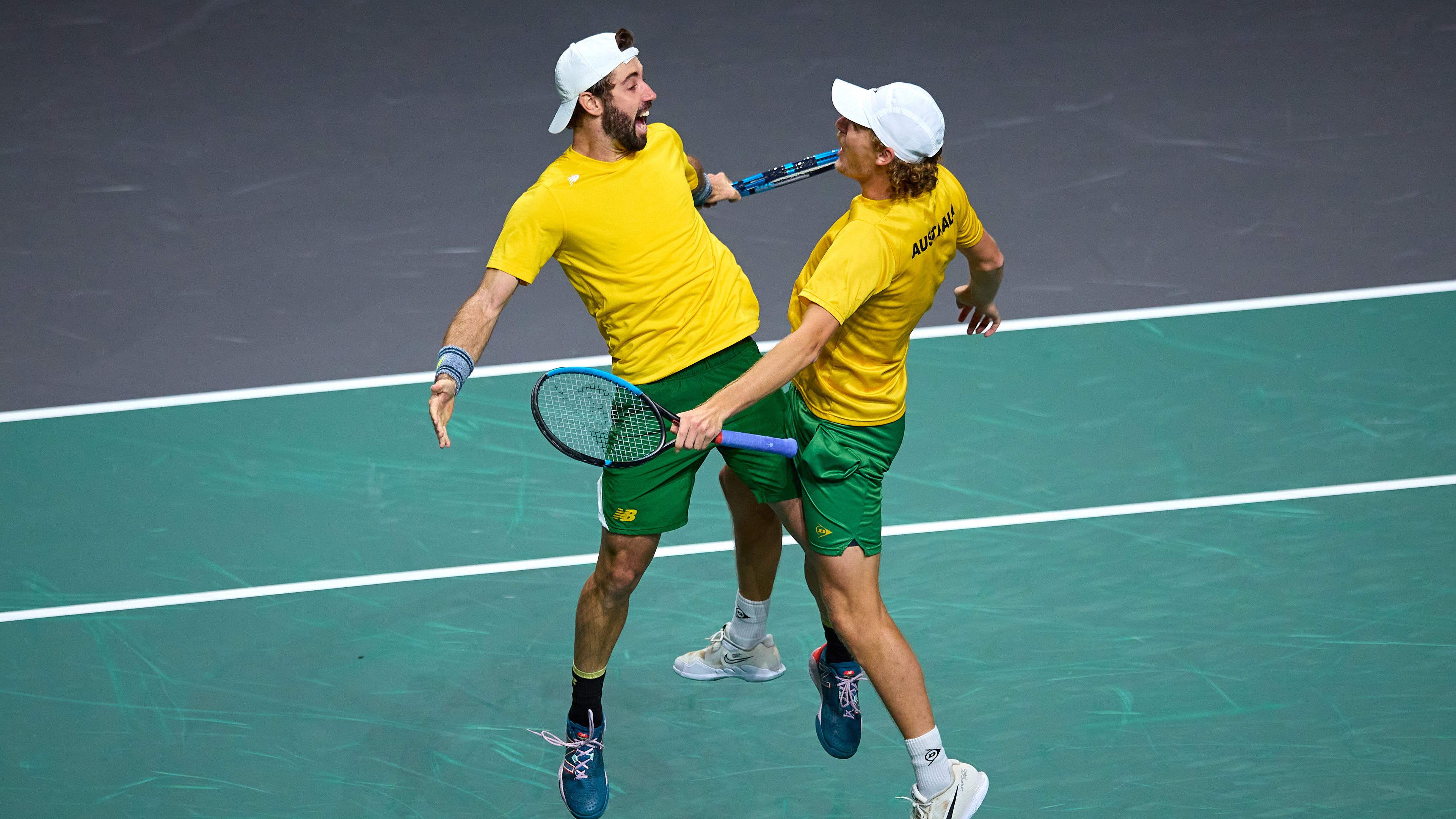 Jordan Thompson of Australia and Max Purcell of Australia celebrate after winning the Davis Cup by Rakuten Finals 2022 Semifinal doubles match between Australia and Croatia at Palacio de los Deportes Jose Maria Martin Carpena on November 25, 2022 in Malaga, Spain. (Photo by Fran Santiago/Getty Images)