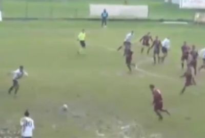 <b>An Italian fourth grade footballer is no doubt telling anyone who will listen that this incredible goal was completely deliberate.</b><br/><br/>Playing on a second-rate pitch made even worse by rain, Domenico Zampaglione scored an astounding 70m goal after a slide tackle deep in his own half.<br/><br/>While he had plenty of assistance from a strong wind, his effort nevertheless won the game for his side, Vigor Lamezia, whilst cementing his place among football's freak goalscorers. Just look at these videos.