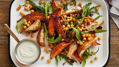Recipe: <a href="http://kitchen.nine.com.au/2016/12/15/15/19/sweet-potato-and-pear-salad-with-crunchy-chickpeas" target="_top">Sweet potato and pear salad with crunchy chickpeas</a>