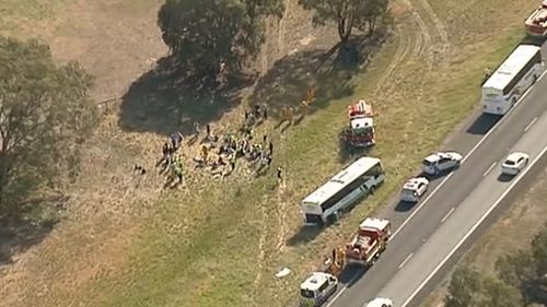 School bus collides with truck on Hume Highway near Locksley in northern Victoria