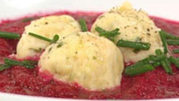 Beetroot cream soup with goat cheese dumplings