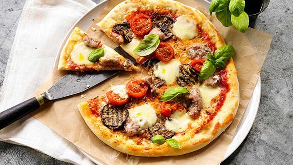 Pizza Siciliana (eggplant, sausage, cherry tomatoes)