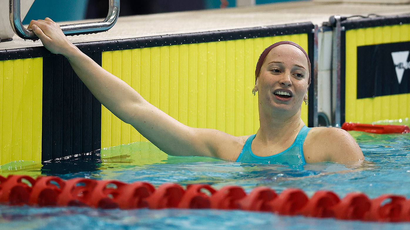 Mollie O&#x27;Callaghan reacts after winning the women&#x27;s 200m freestyle final at the Australian 2023 World Swimming Championship Trials.