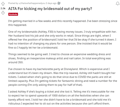 Bride kicks bridesmaid out of wedding party over money