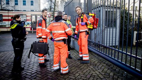 Emergency services near the International Criminal Tribunal for the former Yugoslavia. (AAP)