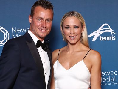 Lleyton Hewitt and Bec Hewitt at the Newcombe Medal at Crown Entertainment Complex on November 26, 2018 in Melbourne, Australia.