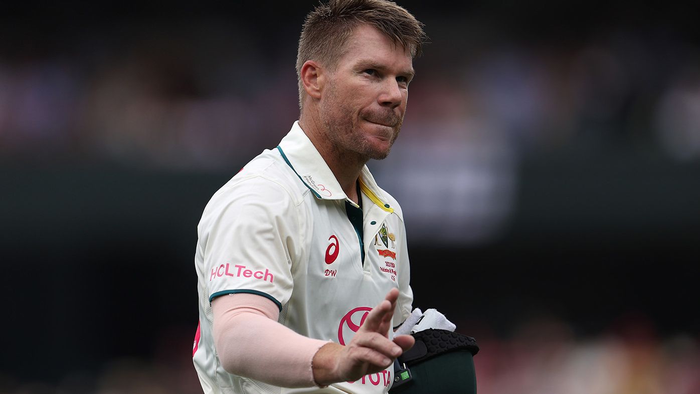 David Warner of Australia acknowledges the crowd after being dismissed by Agha Salman of Pakistan during day two of the Men&#x27;s Third Test Match in the series between Australia and Pakistan at Sydney Cricket Ground on January 04, 2024 in Sydney, Australia. (Photo by Jason McCawley - CA/Cricket Australia via Getty Images)