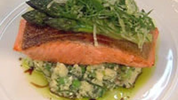 Ocean trout with crushed potatoes primavera