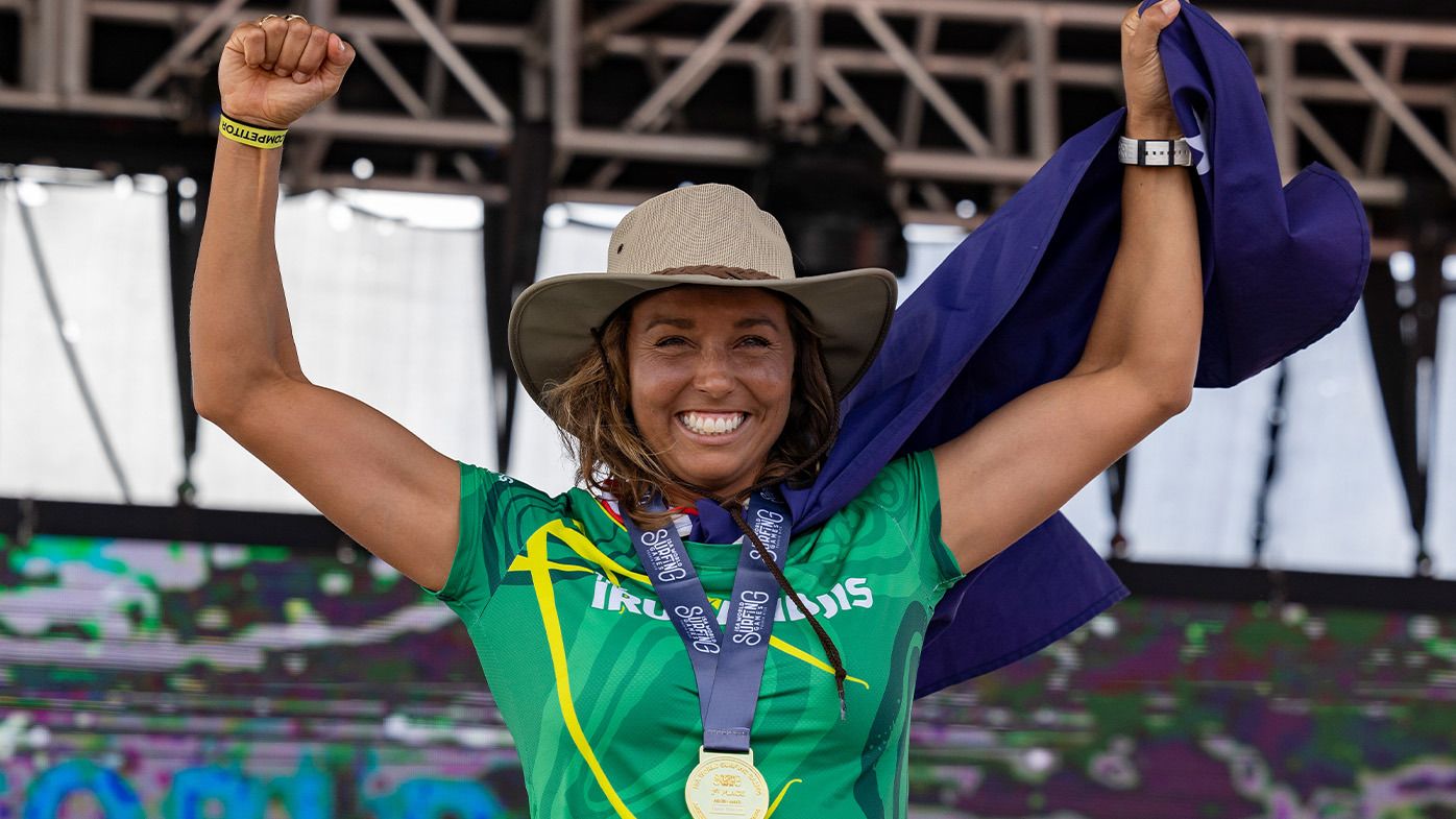 Sally Fitzgibbons celebrates victory in Puerto Rico.