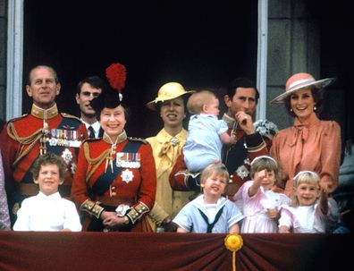 The Prince of Wales with the Princess of Wales, baby Prince Harry, Prince William, the Duke of Edinburgh, Prince Edward, Queen Elizabeth II and Princess Anne on the balcony of Buckingham Palace, London to watch the fly past.   (Photo by PA Images via Getty Images)