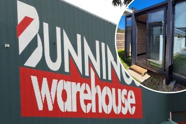 Split image: left is a close up of a Bunnings Warehouse sign. Right is a outside shot of a Elsewhere Pod studio tiny house black.