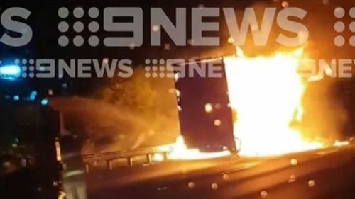 A Woolworths truck has gone up in flames on the Hume Highway.