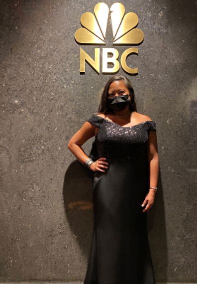 Anna Berger, a Delta flight attendant who was among a select number of frontline workers at the Golden Globes, in her awards show outfit.