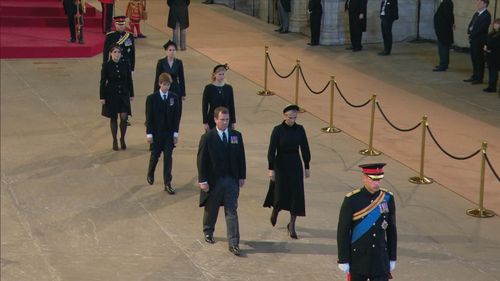 Prince William, Peter Phillips, Zara Tindall, James, Viscount Severn, Lady Louise, Princess Beatrice, Princess Eugenie, Prince Harry leave Westminster Hall after standing vigil around the Queen's coffin