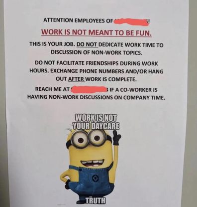 employer sign about no fun at work