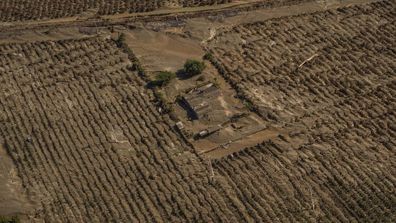 Les maisons sont enterrées dans le limon et seuls les avant-toits sont visibles dans certaines.  Des arbres et des voitures écrasés jonchent le paysage.