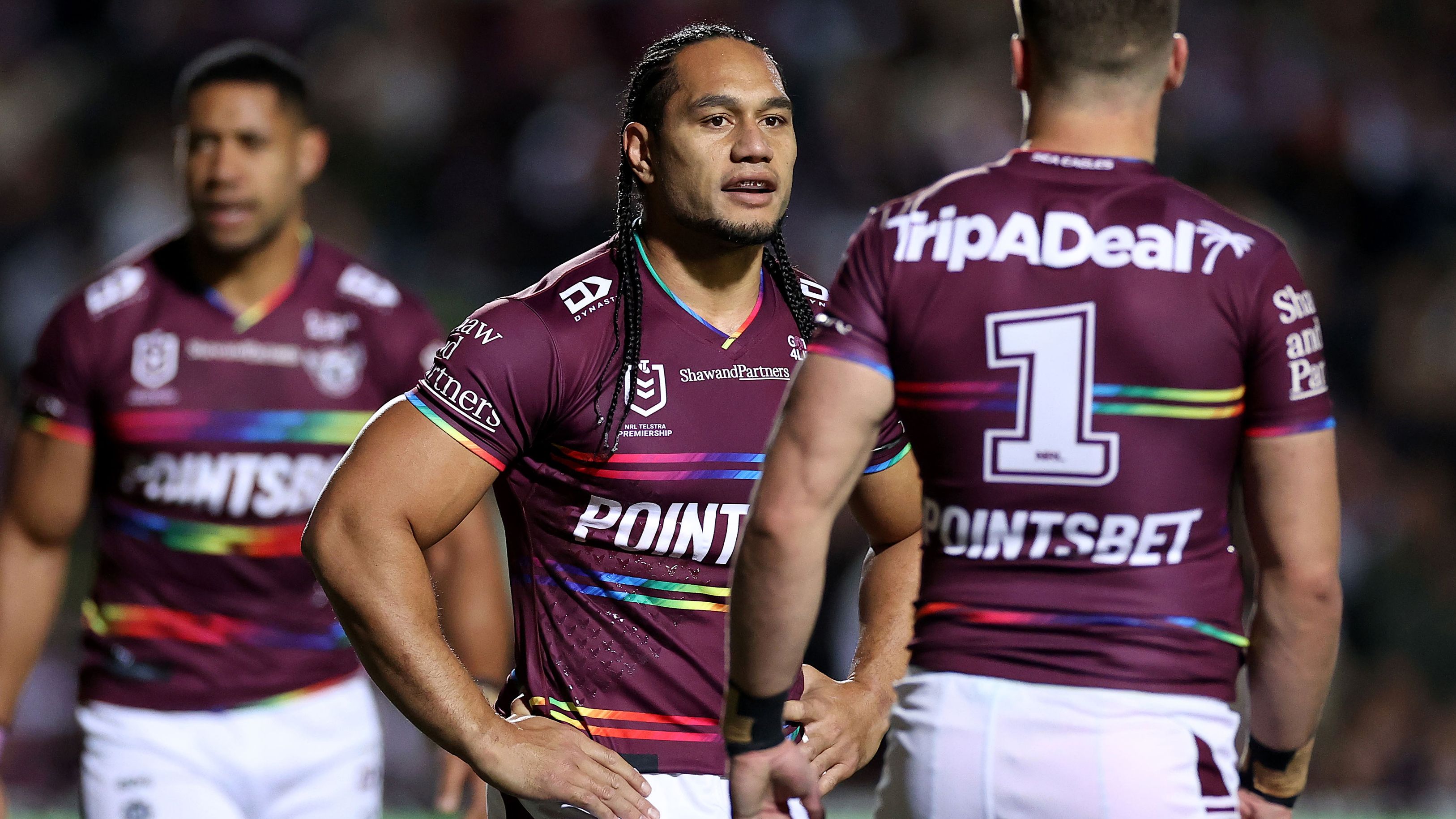 Martin Taupau talks to Reuben Garrick during the Sea Eagles&#x27; round 20 against the Roosters.