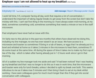 Mumsnet row as woman told not to use microwave in office workplace, UK, News