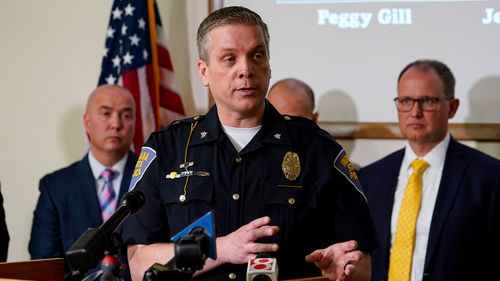 Indiana State Police Sgt. Glen Fifield announces the identity of the suspect in the "Days Inn" cold case murders during a press conference in Indianapolis, Tuesday, April 5, 2022. Police identified the suspect as Harry Edward Greenwell more than 30 years after three women were killed and another assaulted using investigative genealogy.