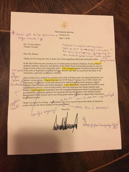 Former teacher Yvonne Mason sent this letter back to Donald Trump with corrections. Picture: Facebook/Yvonne Mason