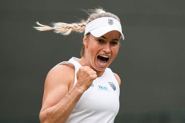LONDON, ENGLAND - JULY 06: Yulia Putintseva of Kazakhstan reacts in the Women&#x27;s Singles third round match against Iga Swiatek of Poland during day six of The Championships Wimbledon 2024 at All England Lawn Tennis and Croquet Club on July 06, 2024 in London, England. (Photo by Shi Tang/Getty Images)