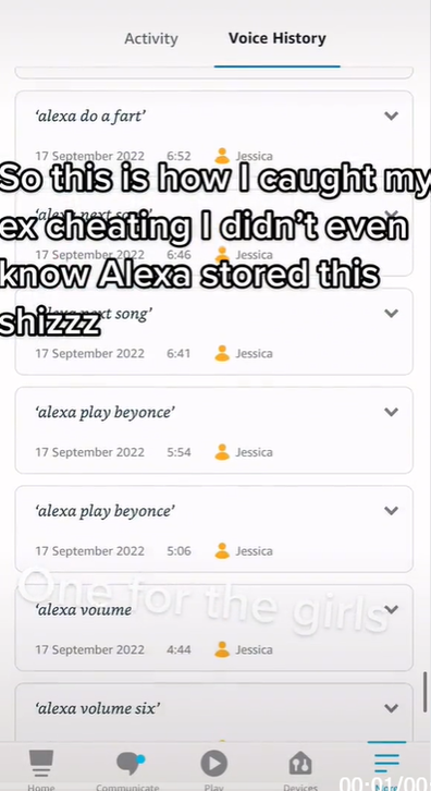woman discovers boyfriend cheating alexa device