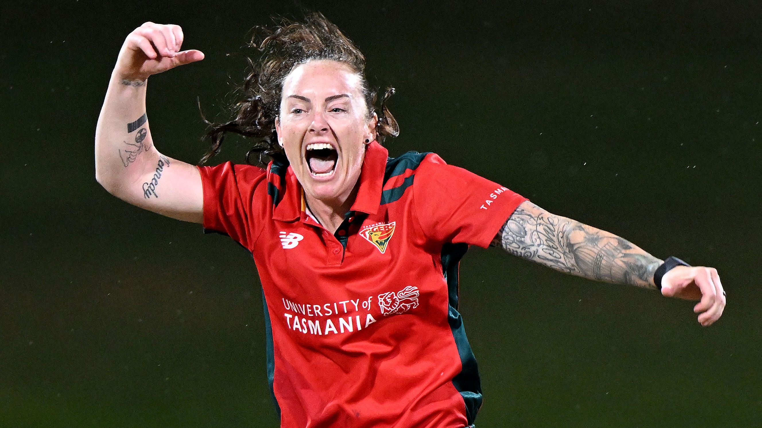 Sarah Coyte of the Tigers celebrates the wicket of Ella Wilson of the Scorpions during the WNCL Final match between Tasmania and South Australia at Blundstone Arena, on February 25, 2023, in Hobart, Australia. (Photo by Steve Bell/Getty Images)