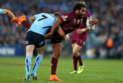 A rampaging Sam Thaiday caused Blues halfback Trent Hodkinson problems.