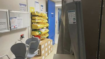 The patient in his 60s released photos of his hospital bed at Flinders Medical Centre in what he said is a store room. 