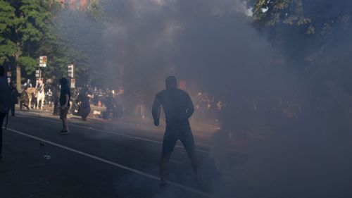 A protester is shrouded in tear gas in Lafayette Park, Washington DC.