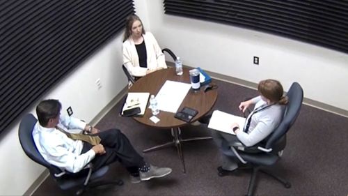 Footage from the Santa Fe County Sheriff's office, aired by TV station KOAT, shows prop master Sarah Zachary being interviewed by investigators.