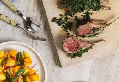Barbecue rack of lamb with mango chilli lime salad